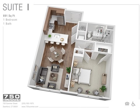 Floor plan for 1 bed, 1 bath, 691 sqft